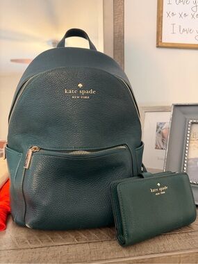 kate spade dark green pebbled leather backpack with matching wallet